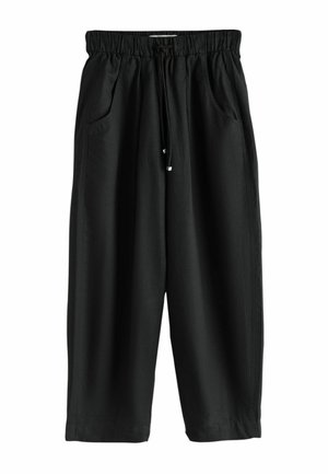 Pantalon noir ample avec ceinture élastique et cordon, avec poches latérales et jambes droites.