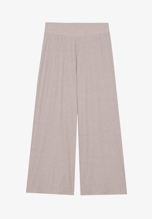 Light grey wide-leg trousers made of soft, ribbed fabric, featuring a high waistband and full-length legs with subtle texture.