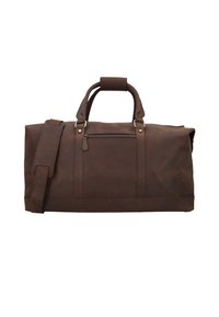 Brown leather duffel bag with dual handles, adjustable shoulder strap, zippered pocket, and structured design. Soft texture, sturdy stitching.