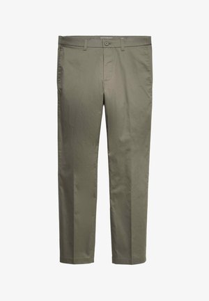 Pantalon vert olive coupe slim avec passants pour ceinture, bouton frontal et poches latérales, posé à plat sur un fond blanc.