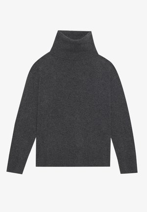 Grå turtleneck genser laget av et mykt, teksturert strikk. Har lange ermer og en avslappet, boksformet fasong med ribbestrikket fald og mansjetter.