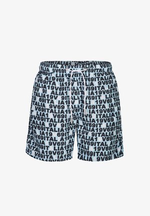 Hellblaue und schwarze Shorts mit weißem Kordelzug, bedeckt mit einem sich wiederholenden "ITALIA 1969"-Textmuster in verschiedenen Schriftarten und Größen.