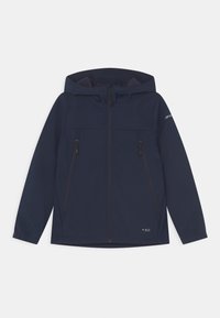 Navy blue hooded softshell jacket with front zipper, two zippered chest pockets, and elastic cuffs.