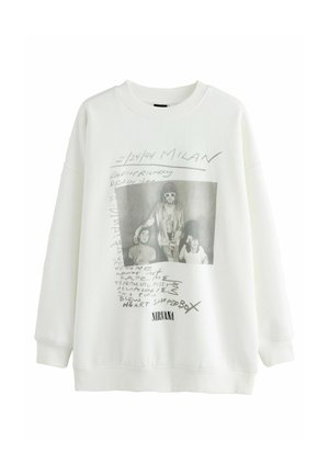 Felpa bianca con una grafica in bianco e nero di tre figure, con testo scritto a mano e il logo "NIRVANA" in basso.