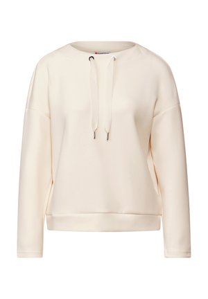 Krémová mikina s volným střihem, kulatým výstřihem a šňůrkami. Vyrobena z měkkého materiálu, s jednoduchým, bezešvým designem.
