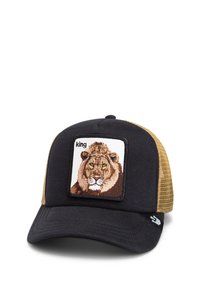 Casquette trucker noire et beige avec un patch carré brodé d'un lion, entouré de noir. La visière est plate avec un tissu texturé.