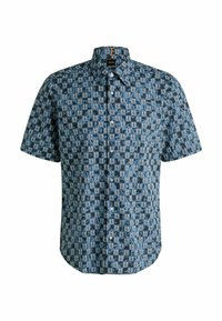 Korte mouwen overhemden in donkerblauw, met een vierkant patroon en witte accenten. Gemaakt van lichtgewicht stof met een kraag.