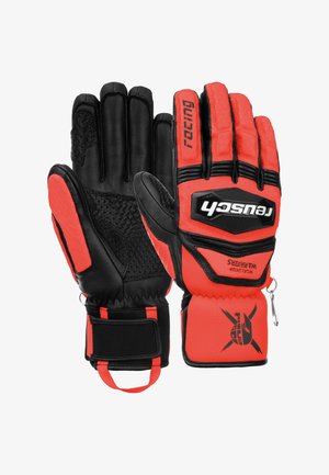 Rote und schwarze Skihandschuhe aus Leder und Textil, mit verstärkten Handflächen, verstellbaren Handgelenksriemen und einem Haken zum Aufhängen.
