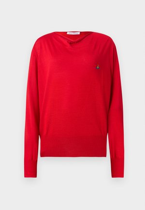 Röd långärmad tröja med V-ringning, ribbad fåll och muddar, tillverkad i mjukt tyg, med en liten broderad detalj på bröstet.