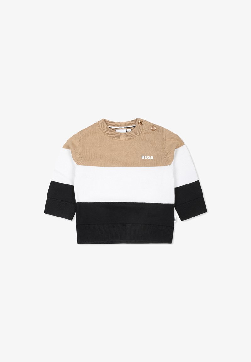 Bruine, witte en zwarte gestreepte gebreide trui met een ronde hals en knoopdetails op de schouder. Bevat het "BOSS" logo in het wit.