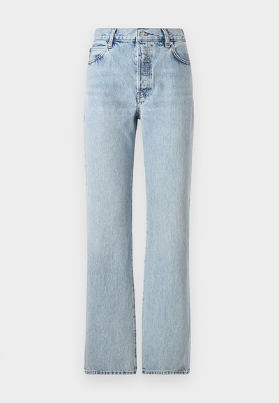 Light blue denim jeans with a high waist, straight legs, classic five-pocket design, and subtle fading throughout.