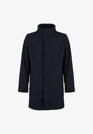 Abrigo azul marino resistente al agua con cuello alto, cremallera frontal y mangas largas. Textura suave con un diseño mínimo y sin patrones visibles.