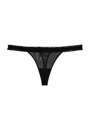 Black thong with sheer mesh panels, featuring a frilled elastic waistband and smooth fabric on the lower portion.