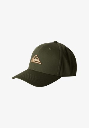 Green baseball cap made of fabric with a curved brim, featuring a beige mountain logo on the front and stitching details along the brim.