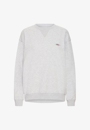 Světle šedá mikina vyrobená z měkké tkaniny, s designem do V na krku a vyšitým logem na hrudi. Hribované manžety a lem.