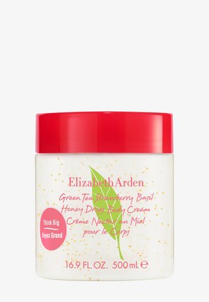 Barattolo di crema corpo Elizabeth Arden Green Tea Strawberry Basil Honey Drops, bianco con coperchio rosso e grafica di foglia verde, 500 mL (16,9 FL OZ).