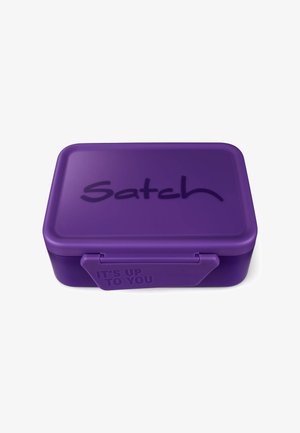 Purple lunchbox with a smooth finish, featuring a lid that has "Satch" in bold text and a side imprint that says, "IT'S UP TO YOU."