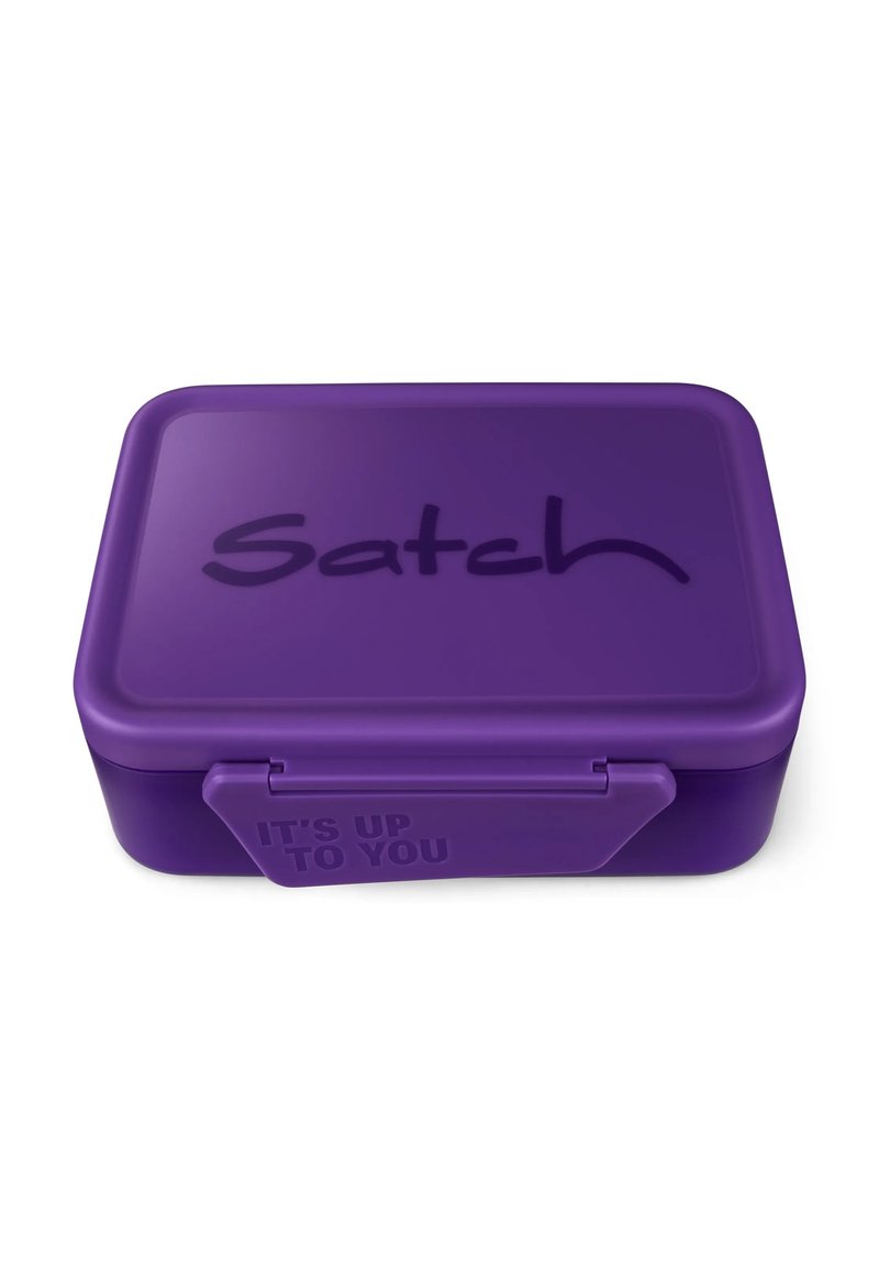 Purple lunchbox with a smooth finish, featuring a lid that has "Satch" in bold text and a side imprint that says, "IT'S UP TO YOU."