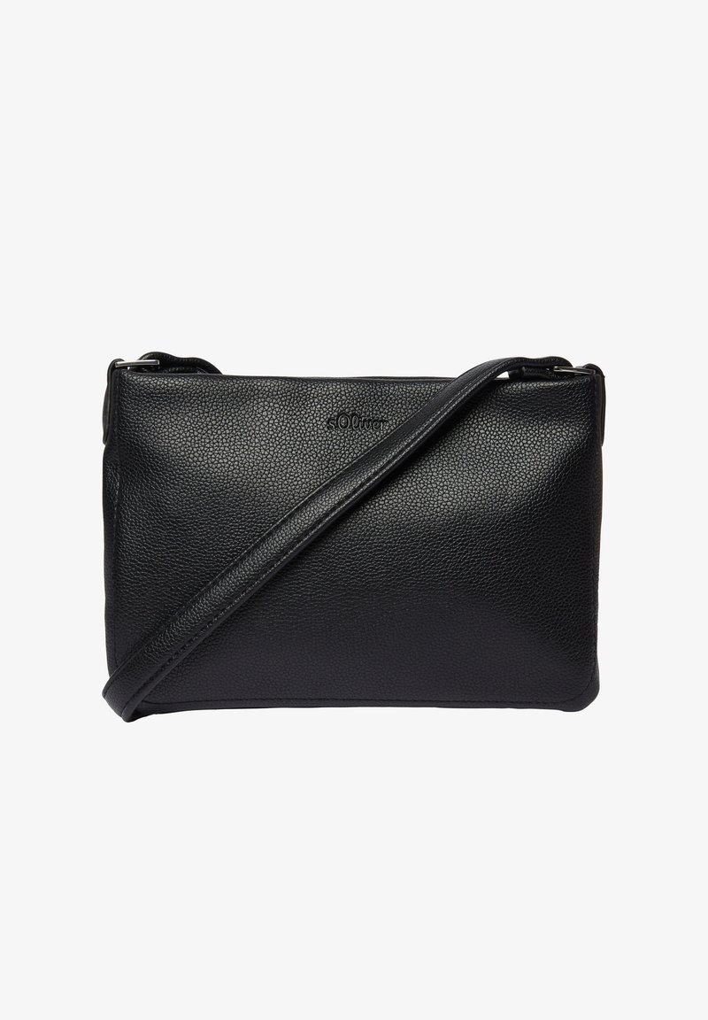 Borsa a bandoliera nera in pelle con finitura testurizzata, forma rettangolare, tracolla regolabile e logo discreto sul davanti.