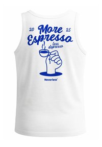 White tank top featuring blue print text: "More Espresso less depresso" with a graphic of a raised hand holding a coffee cup.