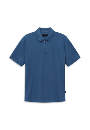 Blue short-sleeve polo shirt with a collar, front zipper, and small embroidered logo on the left chest.