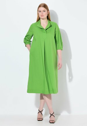 Abito verde lunghezza ginocchio con colletto, maniche a tre quarti e parte anteriore plissettata. Indossato con scarpe con tacchi neri e strappy su uno sfondo chiaro.