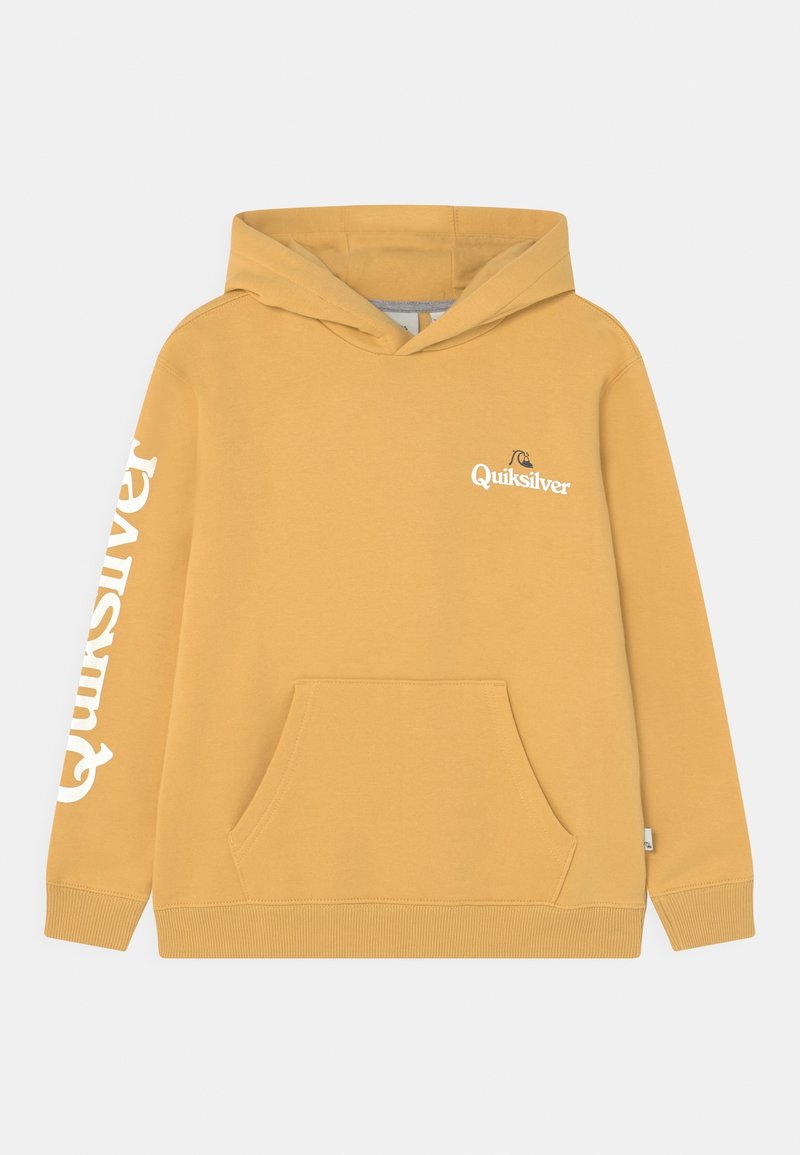 Sweat à capuche jaune avec une poche avant, logo Quiksilver blanc sur la poitrine et la manche gauche, fabriqué en tissu doux avec des bords côtes.