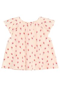 Lichtroze blouse met vlinder mouwen, voorzien van een bloemenprint met rode en roze bloemen, geplooide halslijn en een relaxte pasvorm.