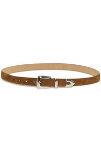 Brown suede belt with a shiny silver metal buckle, featuring a smooth inner lining, five holes for adjustment, and stitched edges.