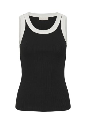 Mustast soonikangast varrukateta top valge äärisega kaeluse ja käeavade ümber, istuv lõige.