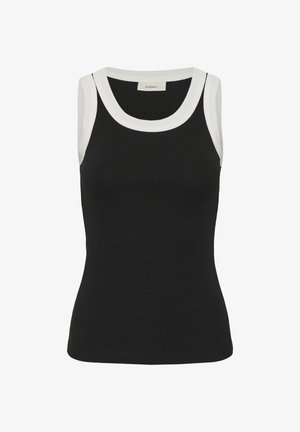 Mustast soonikangast varrukateta top valge äärisega kaeluse ja käeavade ümber, istuv lõige.