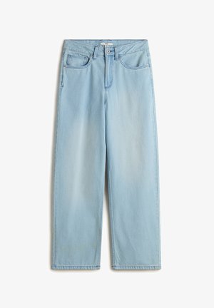 Jasnoniebieskie, wysokie spodnie dżinsowe z szerokimi nogawkami, wykonane z materiału denim, z pięcioma kieszeniami, suwakiem i subtelnym wyblaknięciem na nogawkach.