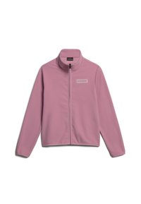 Roze fleece jack met een hoge kraag, volledige rits en een eenvoudig logo-opdruk op de linkerborst. Glad textuur en casual pasvorm.
