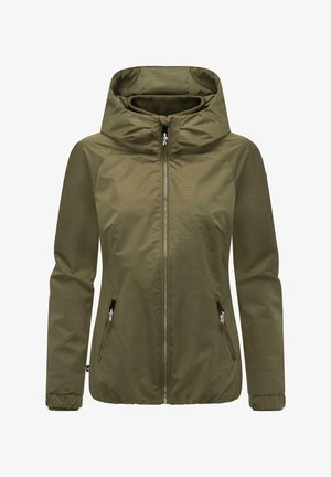 Olive green jacket with a hood, zippered front, elastic cuffs, and two side pockets. Textured fabric with a simple design.