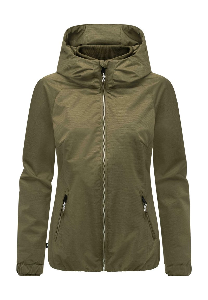Giacca verde oliva con cappuccio, zip frontale, polsini elasticizzati e due tasche laterali. Tessuto di trama con un design semplice.