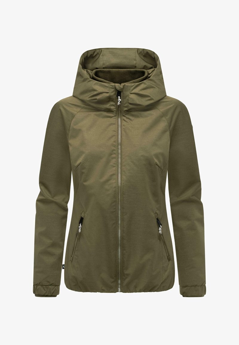 Giacca verde oliva con cappuccio, zip frontale, polsini elasticizzati e due tasche laterali. Tessuto di trama con un design semplice.