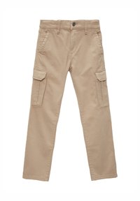 Beige cargo pants made of cotton. Features two side pockets, two back pockets, and a button closure at the waist. Straight leg design.