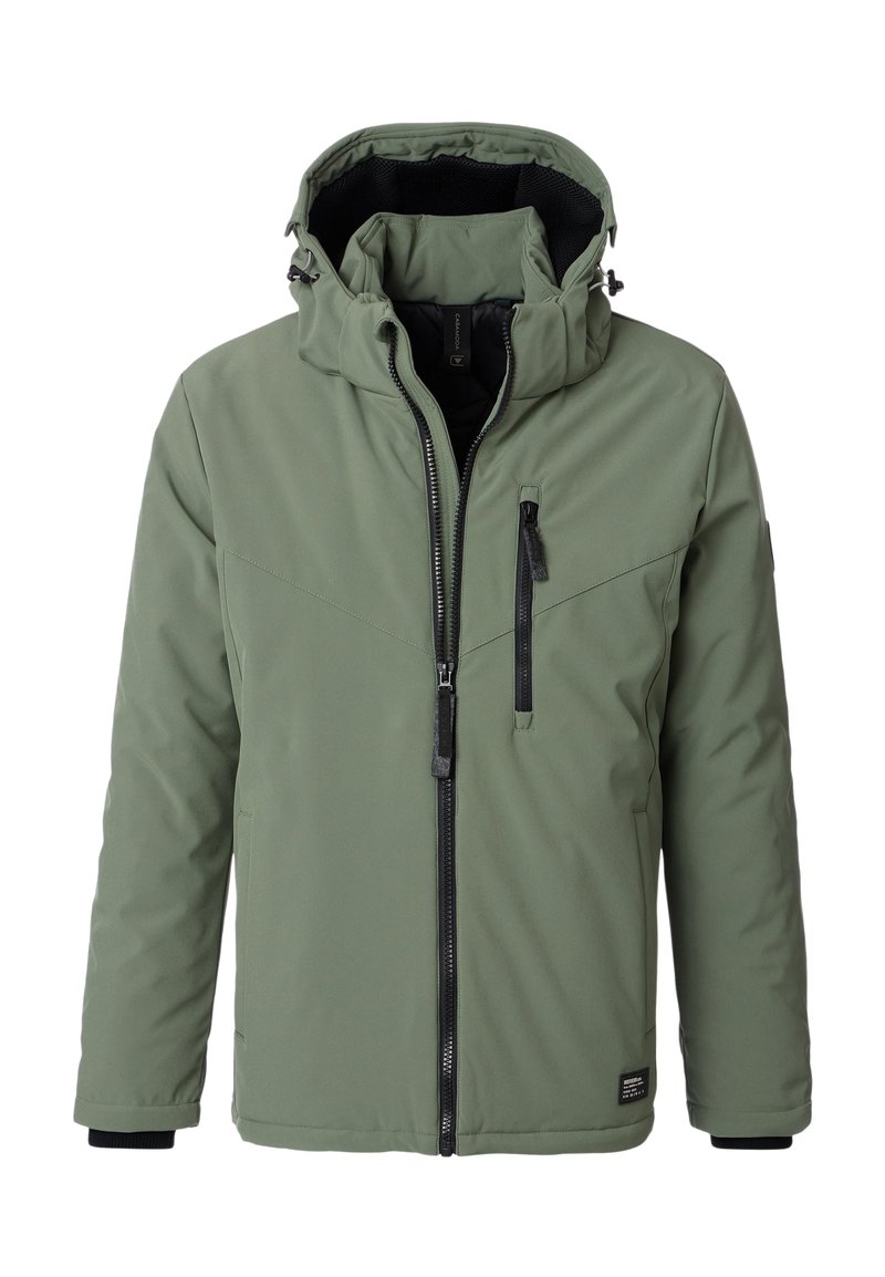 Vihreä eristetty takki, jossa on etuvetoketju, säädettävä huppu, kaksi sivutaskua ja yksi rintatasku mustilla yksityiskohdilla. Sileä ja kestävä kangas.