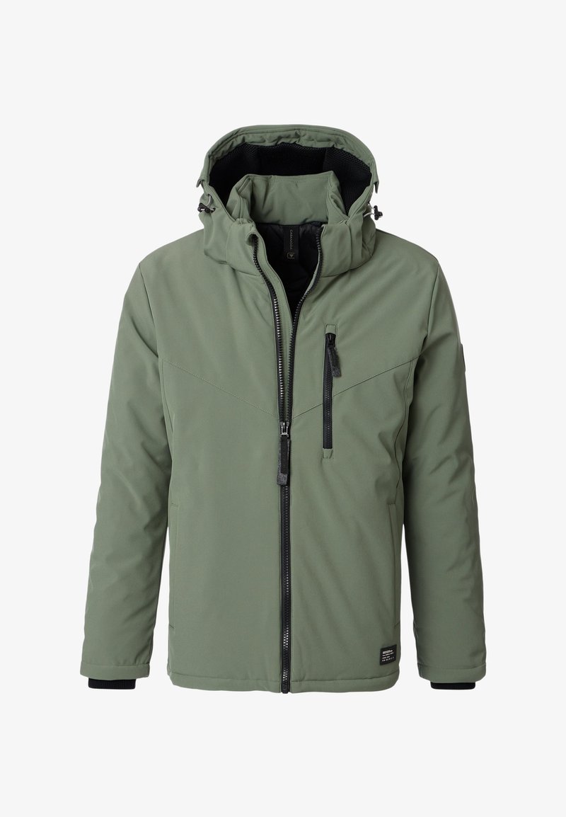 Zielona ocieplana kurtka z zamkiem z przodu, regulowanym kapturem, dwiema kieszeniami bocznymi i jedną kieszenią na piersi z czarnymi akcentami. Gładki, trwały materiał.