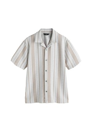 Lühikeste varrukatega helehall nööbitav särk vertikaalsete pruunide triipudega, tavakaelusega ja viie nööbiga ees.