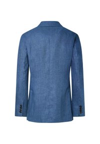 Blazer da uomo in misto lino blu, design su misura, con apertura posteriore singola, texture liscia, quattro bottoni decorativi sulle maniche e rever a notched.