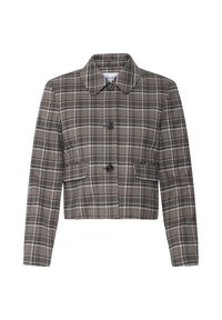 Veste courte à carreaux marron et gris avec manches longues, col, deux grands boutons sur le devant et deux poches à rabat, présentée sur fond blanc.