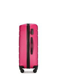 Valigia rigida rosa con superficie texturizzata, zipper nera, manico laterale e quattro ruote nere per la mobilità.