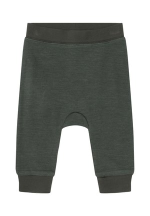 Pantaloni per bambini di colore verde scuro con cintura elastica e polsini a costine, realizzati in tessuto morbido.