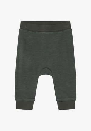 Dunkelgrüne Babyschuhe mit elastischem Bund und Rippbündchen, aus weichem Stoff gefertigt.