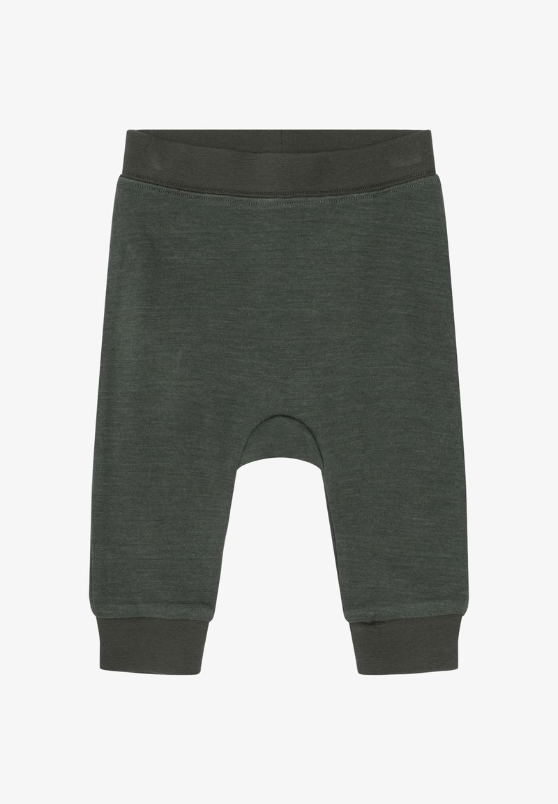 Dunkelgrüne Babyschuhe mit elastischem Bund und Rippbündchen, aus weichem Stoff gefertigt.