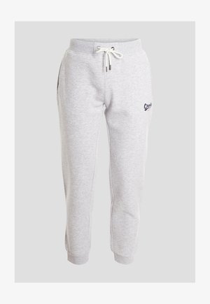 Pantaloni sportivi in cotone grigio con vita elasticizzata, coulisse, tasche laterali e logo ricamato sulla coscia sinistra.