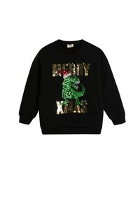 Sudadera negra con un gráfico de dinosaurio de lentejuelas verdes, lleva un gorro de Santa rojo y texto en lentejuelas doradas que dice "FELIZ NAVIDAD". Cuello redondo.