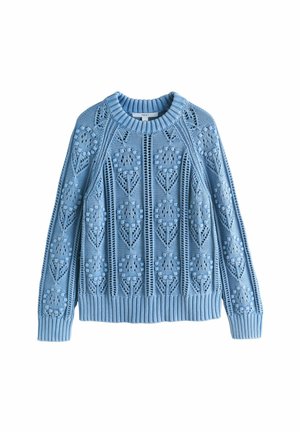 Hellblauer gestrickter Pullover mit einem strukturierten Blumenmuster, gerippten Bündchen und unterem Saum sowie einem runden Ausschnitt.