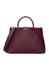 Grande borsa in pelle di colore viola scuro, con una texture elegante, doppi manici e una tracolla regolabile, dotata di una piccola placca logo anteriore.
